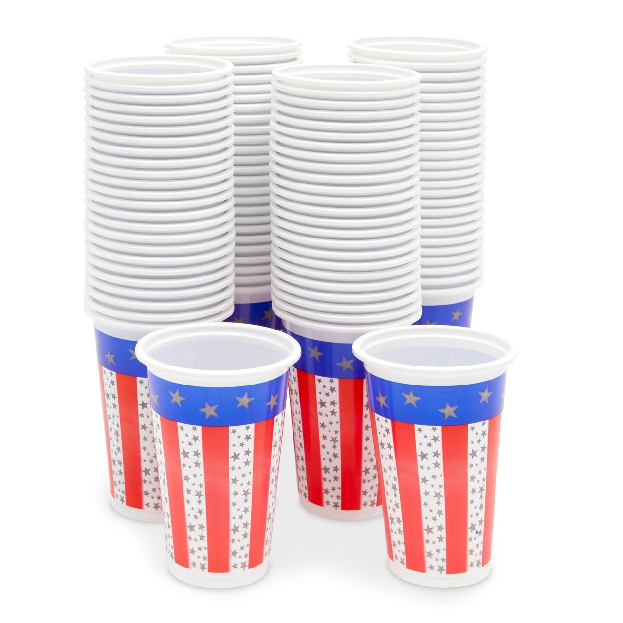 100 Pack Patriotic Plastic Tumbler Cups for 4th of July Party Supplies, Memorial Day Celebration, Red, White and Blue (16 oz)